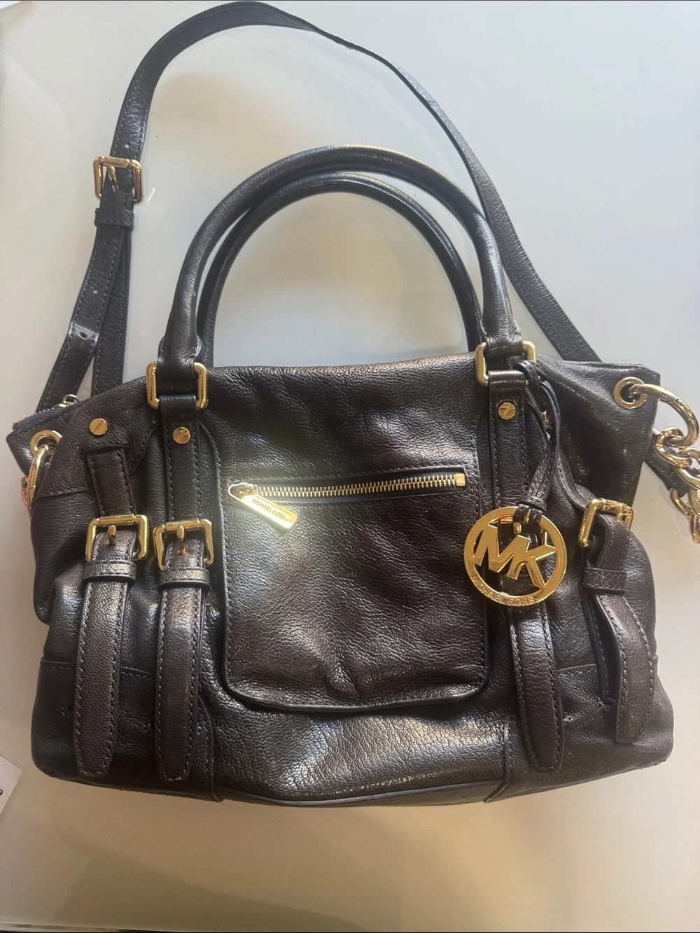 Michael Kors Black Leather Satchel with Gold Accent Logo Charm